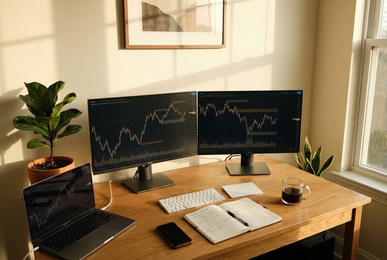 Home-office trading desk with two monitors showing candlestick charts, an open notebook, and warm morning light