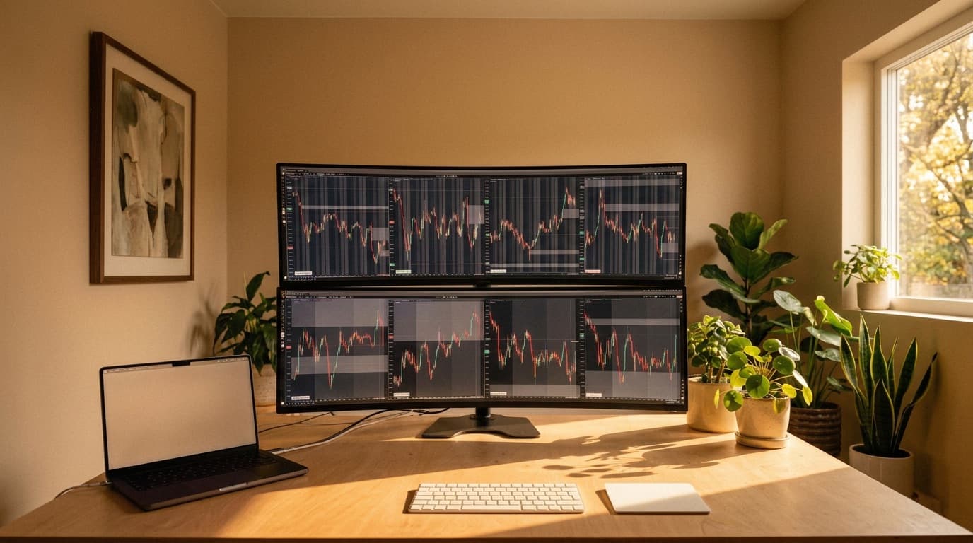 Trading desk with multiple monitors showing charts